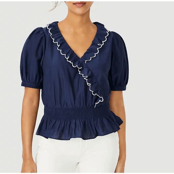 Ann Taylor NWT Scalloped Ruffle Wrap Top Navy Blue Blouse Sz Medium, MSRP $85 - Picture 1 of 10